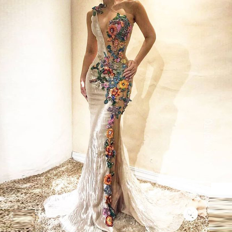 One Shouder Mermaid Evening Dresses Colorful Embroidery Flower Applique Lace Sheer Prom Dress 2021 Women Party Gown
