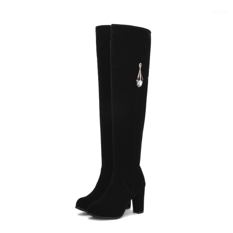

PQECFS Big size 31-43 high quality spring & autumn & winter women solid flock crystal knee-high high heels boots 2 colors1, Black