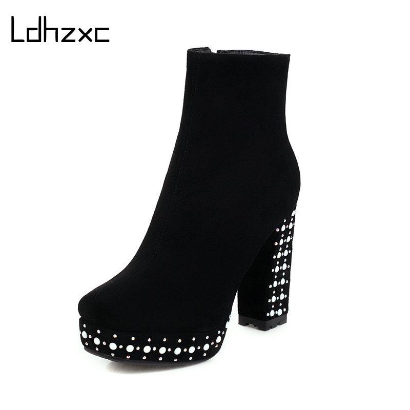 

LDHZXC Spring Autumn Women Short Ankle Boots Ladies Plus Size Color Block Super High Heels Platform Botas Ladies Fashion Boots, Black