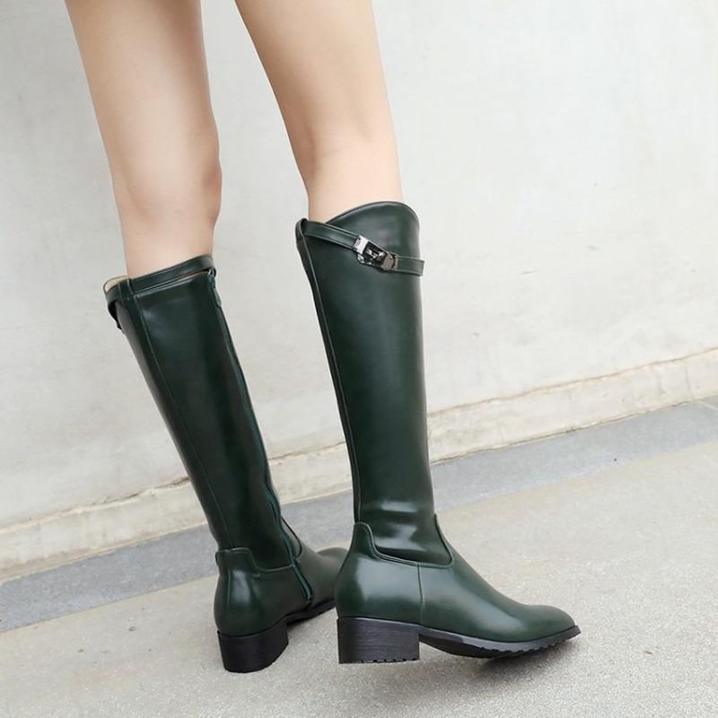 

PU faux leather chunky square low heel shoes women green white riding equestrian cowboy woman boots girls winter boots, Olive