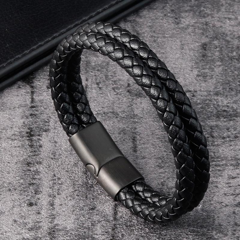 

Hot Selling Fashion Leather Men's Bracelet Personality Steel Titanium Material Geometric Buckle Simplicity Trend Fine Jewelry