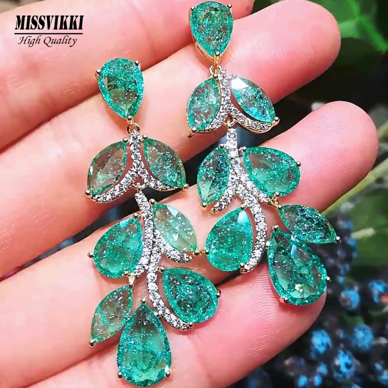 

missvikki High Quality Crystal Waterdrop Women Drop Earrings Brincos Classic Green Leaf CZ Pendant Engagement Dangle Earring