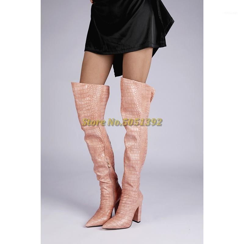 

Over The Knee Block Heel Dress Women Boots Zipper Leather Pink Thigh High Boots Sexy Pointed Toe Stone Pattern Fashion1, Black