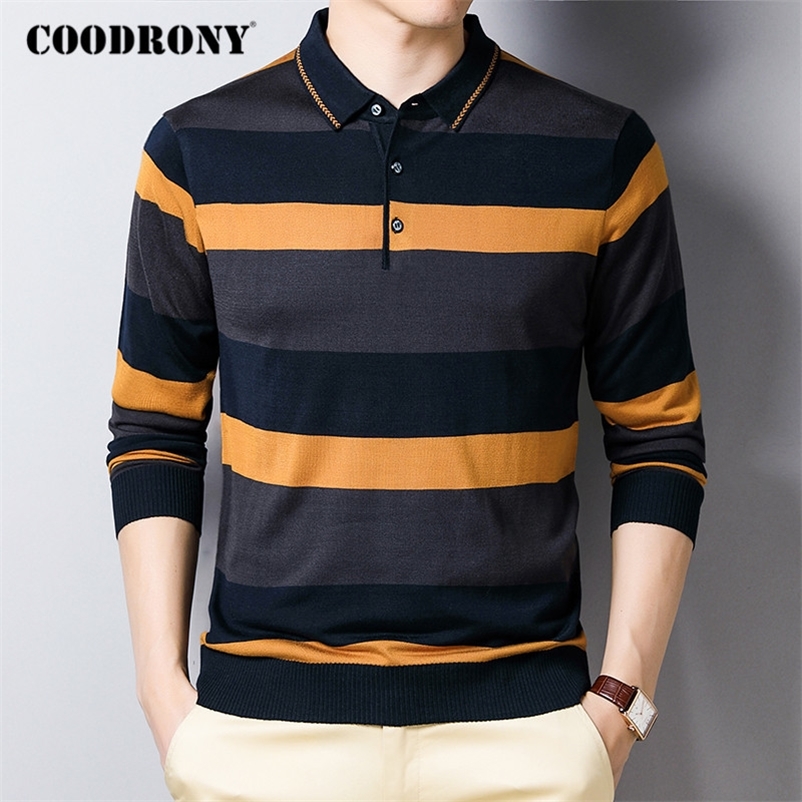 

COODRONY Brand Sweater Men Autumn Winter Turn-down Collar Pullover Men Fashion Striped Casual Pull Homme Knitwear Clothing C1131 201203, Red