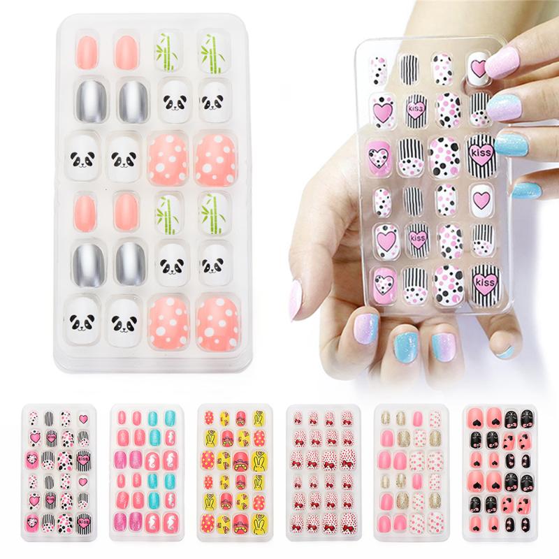

24PCS Mixed Color Full Cover Fake Nails Kids Children False Nail Tips Detachable Nails Art Stick On Acrylic Art Tool, 14