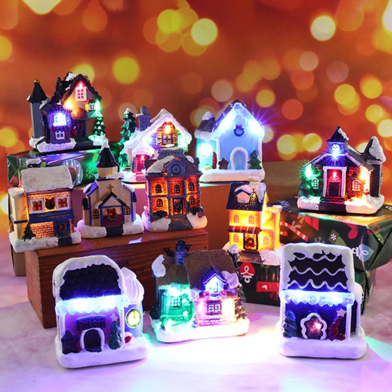 

Snow Houses With Colorful Flashing LED Light Christmas Decor For Home New Year Kids Gift Resin Christmas Decor Scene Village