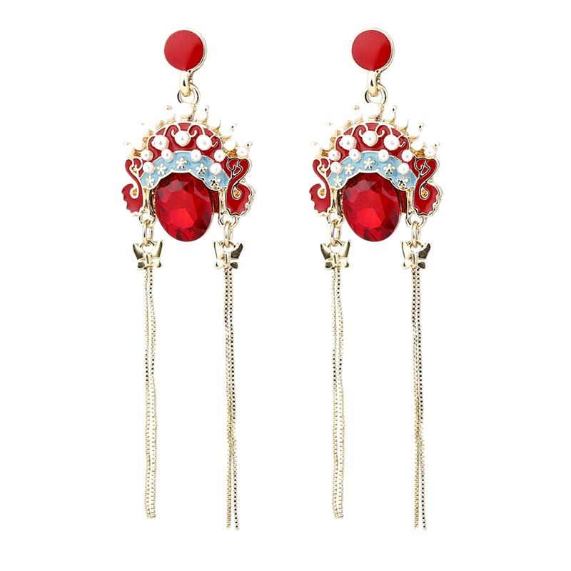 

Ethnic Stud Earrings for Women Chinese Opera Mask Tassel Chain Unique Jewelry