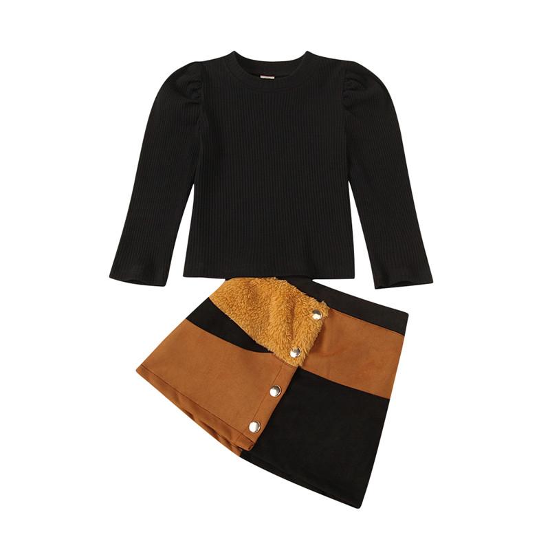 

Girl's Two Piece Set Children's Round Neck Bubble Sleeve Thread Knitted Sweater And Patchwork Button Skirt For Autumn 1-8T, Black