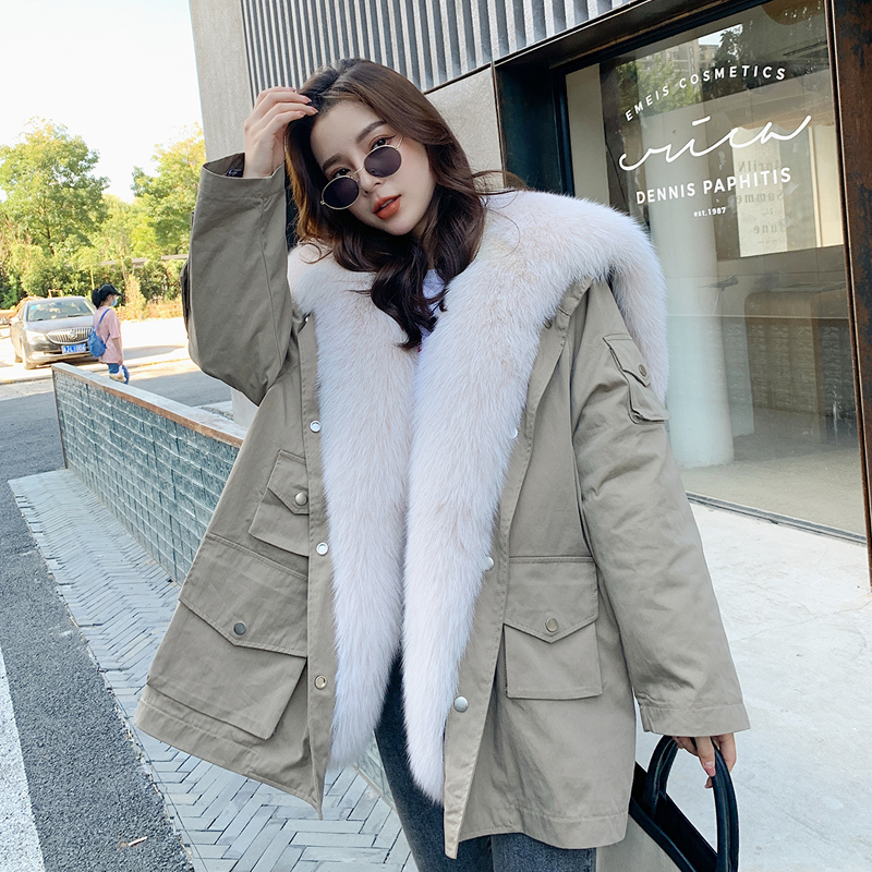 

Ladies 2020 New Fox Fur Rex Rabbit Skin Lining Parka Female Winter Coat Women's Jacket Vpk1, Beige collar