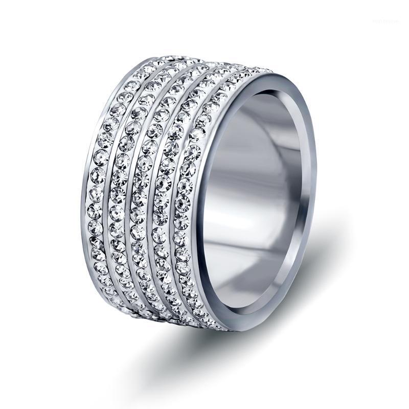 

12mm Wide 5 Row CZ Crystal Pave Stainless Steel Jewelry Wedding Rings for women1