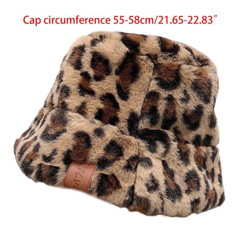 

2021 New Women Winter Fluffy Plush Bucket Hat Leopard Printed Harajuku Warm Fisherman Cap
