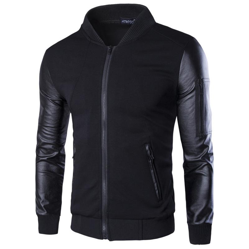 

2021 Autumn Winter Jacket Men Stand Collar Pu Sleeve Baseball Bomber Jackets Coats Y400 Drop Shipping, Black