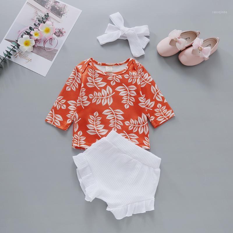 

Newborn Baby Girl Clothes Set Floral Printed T-shiirts And Bodysuit Shorts Headband 3pcs Baby Girl Outfit For 3-18M Summer D301, Orange