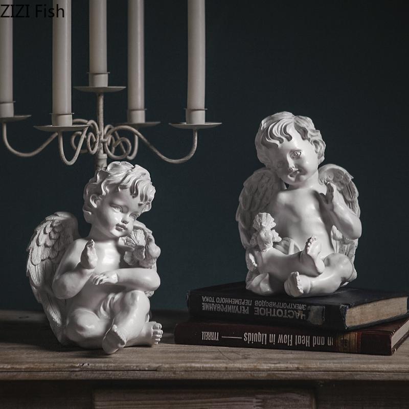 

European Retro White Resin Angel Baby Portrait Statue Plaster Crafts Ornaments Coffee Table Desk Decoration Rustic Home Decor