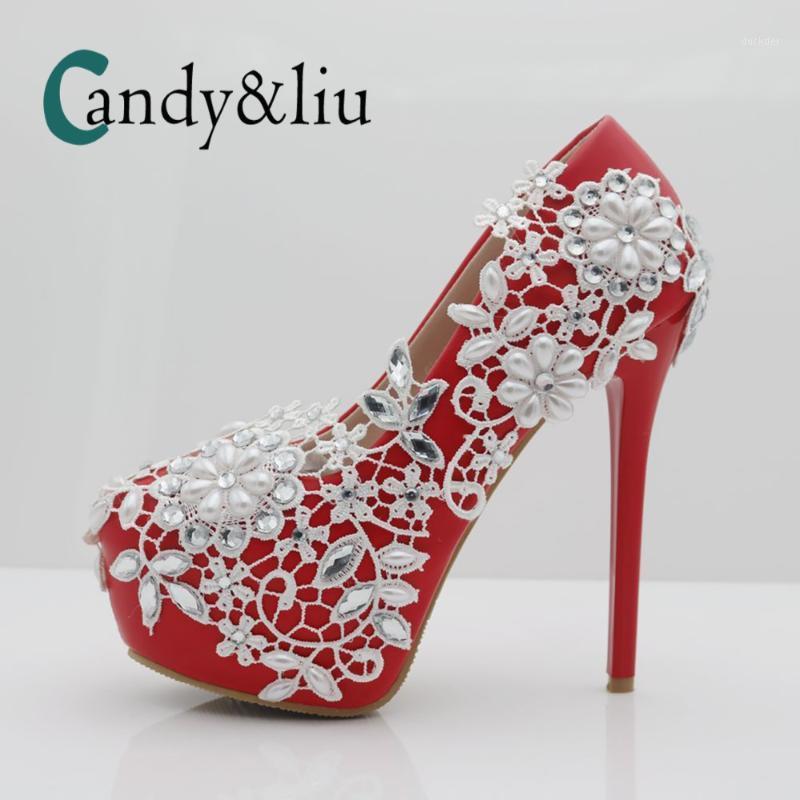 

Crystal Flower Wedding Shoes White Lace Super High Heel Large Size Women Pumps with Platform for Party Banquet Evening Dress1, Heel 12cm red