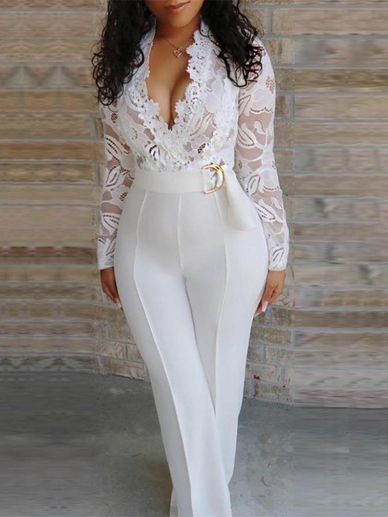 

Lace Rompers Women Long Sleeve V-neck Long Overalls Trench Classy Formal Party Elegant Runway Outfits Work Plus Size Jumpsuits, White