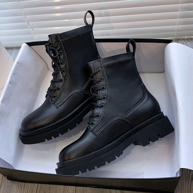 

high quality Motorcycle Boots Women Shoes Real Leather Flat Platform Mid-Calf Boots Round Toe Lace Up Short Lady winter1, Black