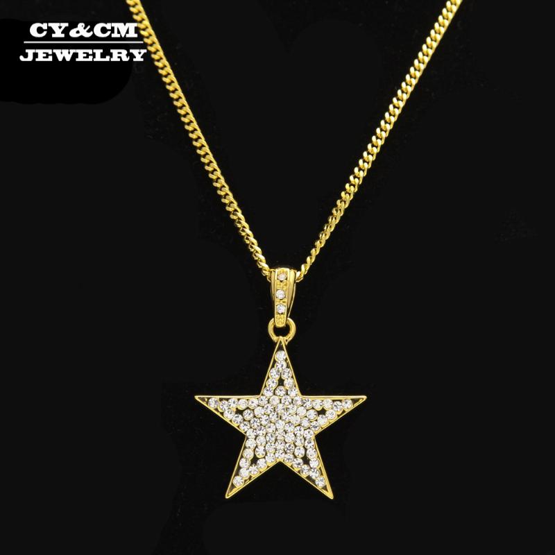 

CY&CM Hip Hop Pentagram Gold Rhinestone Judaism Jewish Chain Men Women Bling Five-Pointed Star Jewelry Gift Pendant Necklace