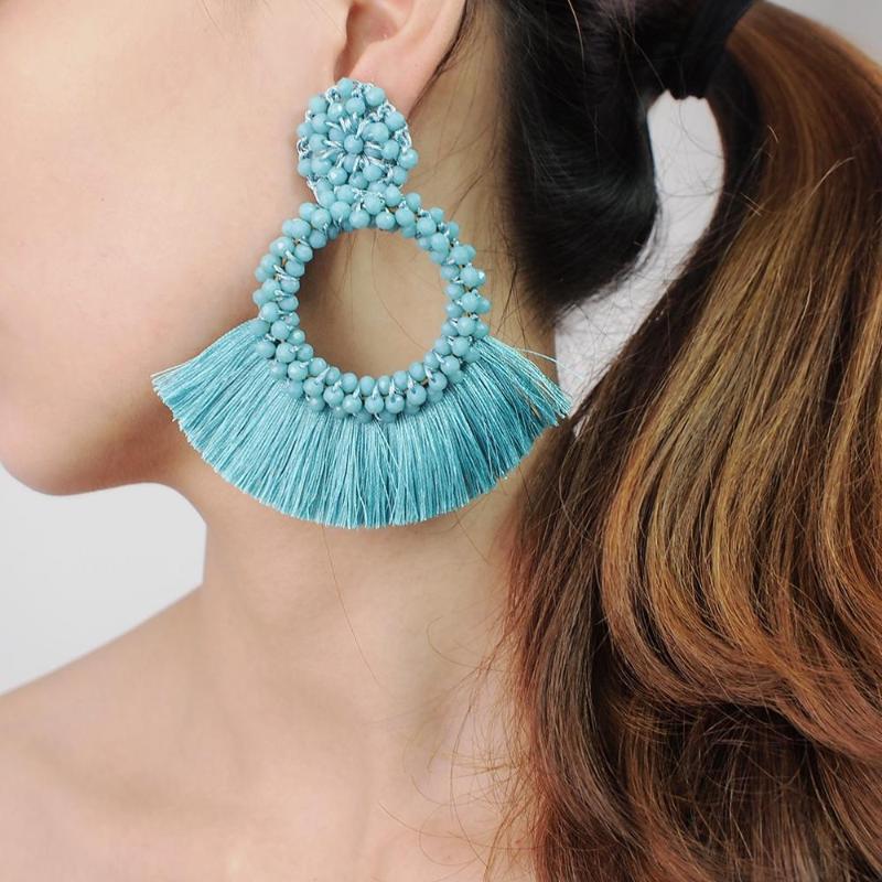 

Boho Round Crystal Tassel Earrings For Women Fringed Statement Drop Dangle Earrings Wedding Party Jewelry UKMOC, Silver
