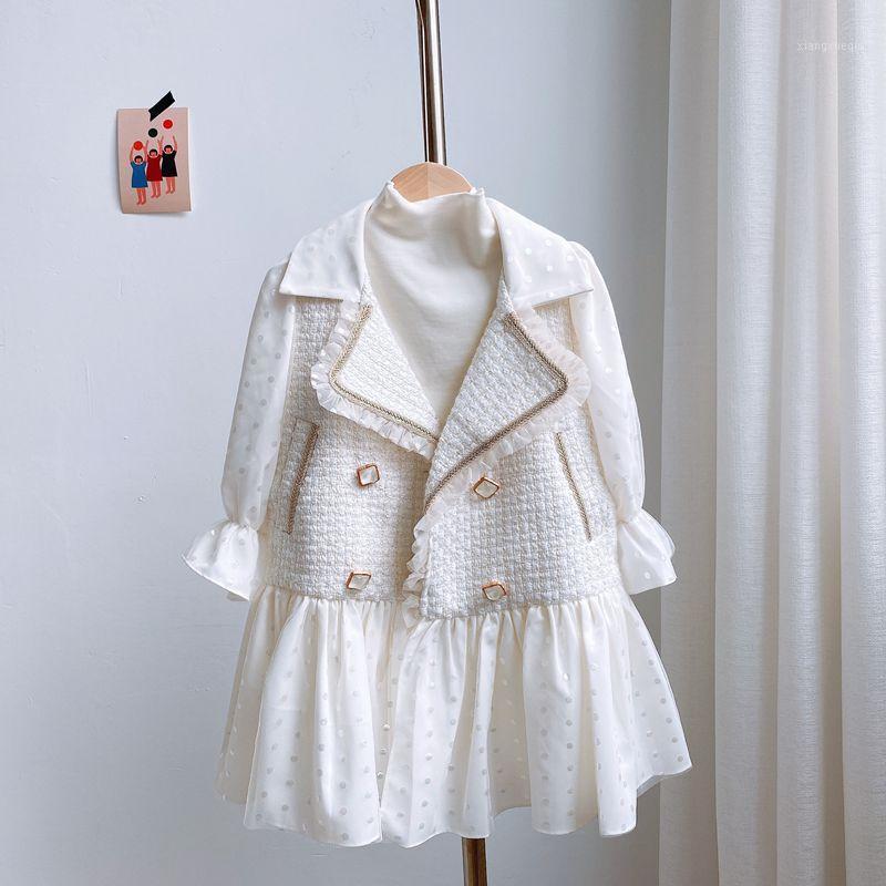 

Children's small fragrance jacket 2020 autumn new loose mesh stitching tweed mid-length coat1, Beige
