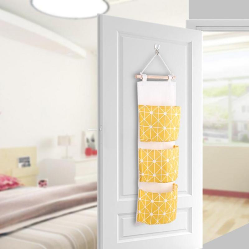 

Cotton Linen Wall Hanging Storage Bags 3 Pockets Door Pouch Bedroom Home Office Toys Books Cosmetic Sundries Organizer