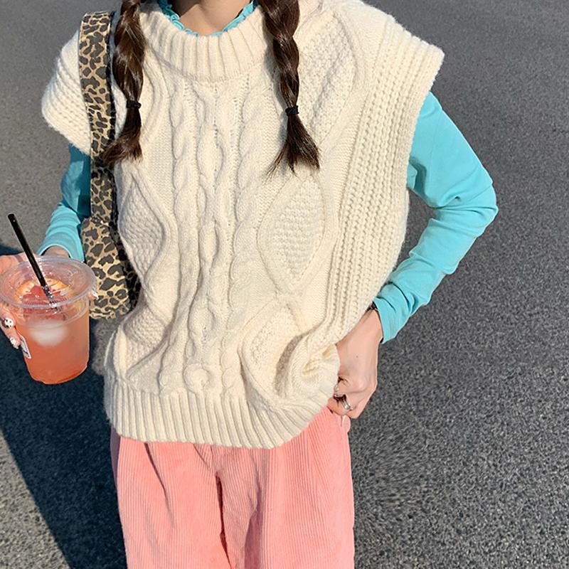 

Vintage Solid Sweater Vest for Women High Quality Autumn Winter Pullover Knitted Vest Streetwear Sleeveless Jecket Gilet Femme, Beige
