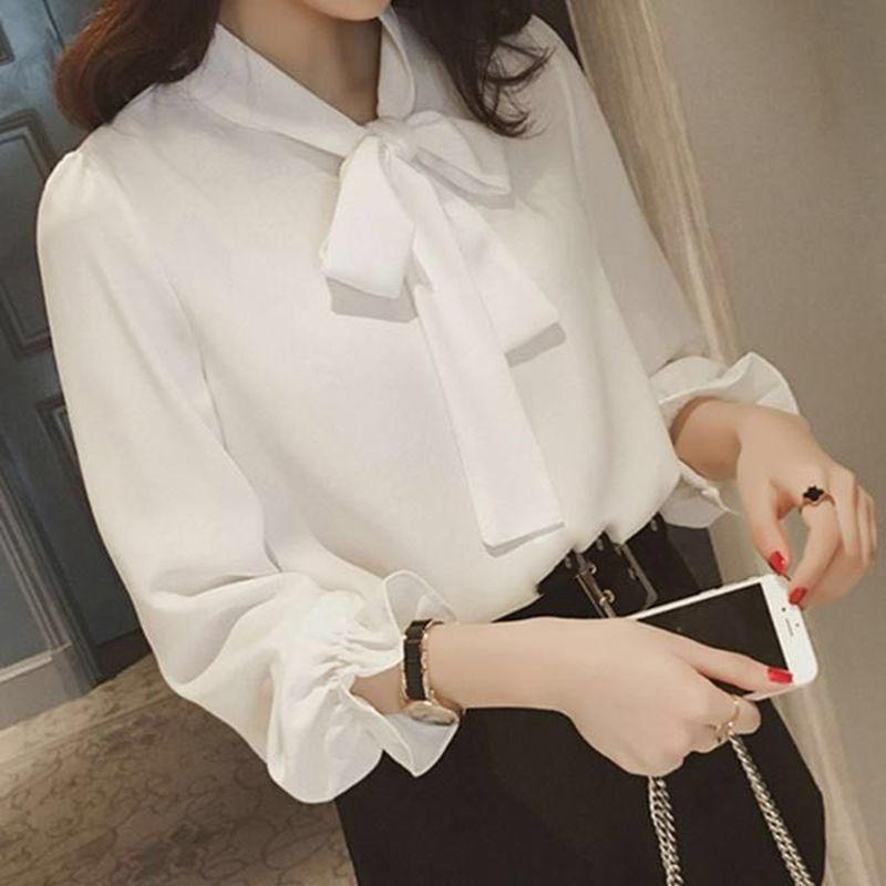

Women shirts and blouses 2020 Female Blouse Top Long Sleeve Casual White with tie Style Sweet clothing Women Loose Blouses, Black