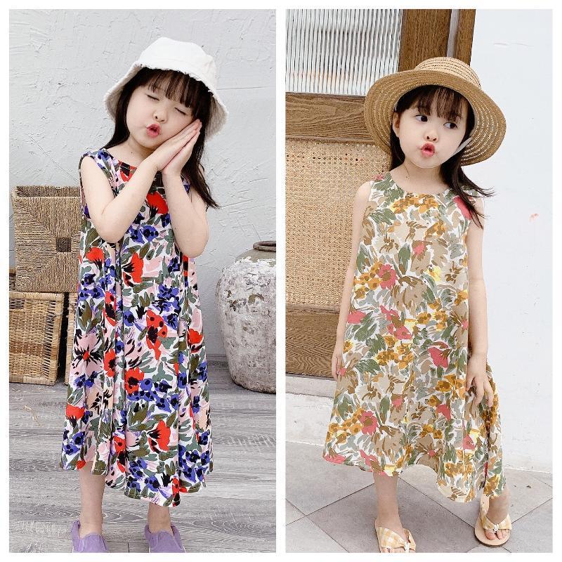 

2020 Children Clothing Summer New Girls Sleeveless Cotton Long Length Causal Princess Floral Dresses Toddler Kids Fashion Dress1, Red blue