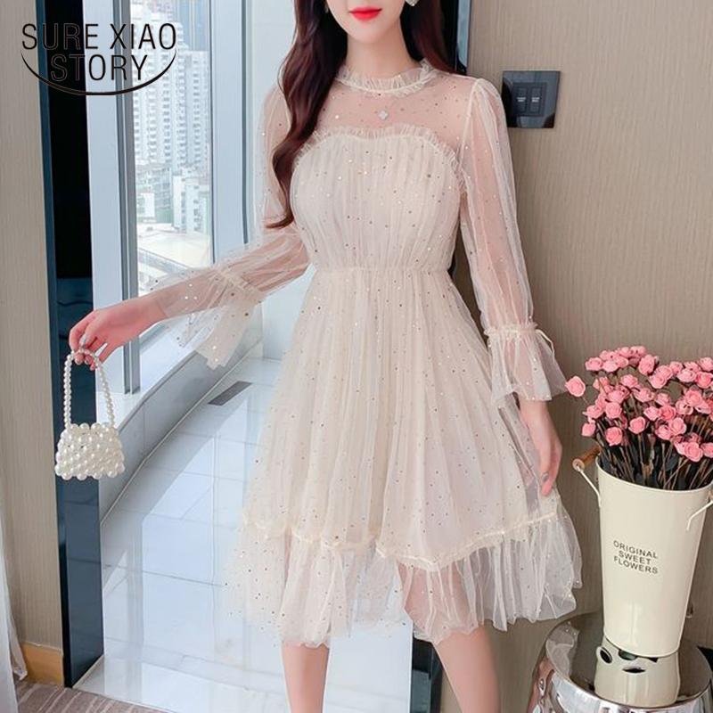 

Casual Dresses Arrivals Flare Sleeve Mesh Sexy Dress Women Elegant Voile Sequined Fairy Mid-Calf Empire Vestidos 12029, Black;gray