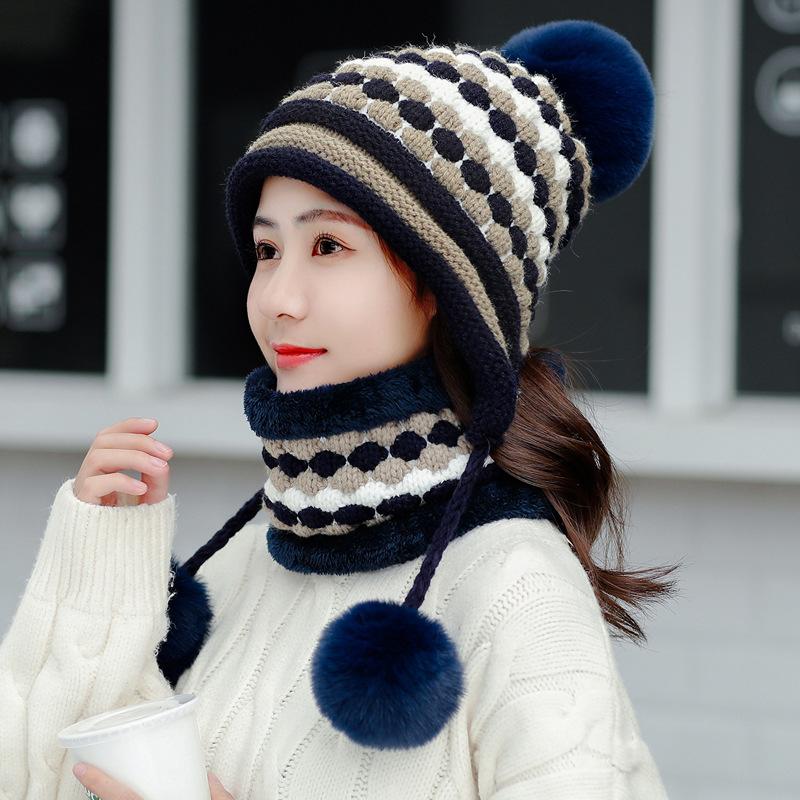 

2020 Hot Winter Two-piece Velvet Hats Women 3 Hair Ball Knit Bib Warm Beanies Hat Female Windproof Wool Bonnet Riding Caps Sets, Blue