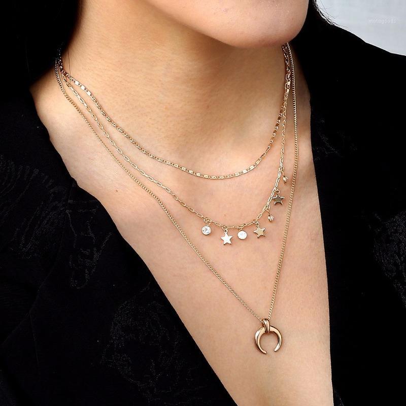 

Stars and moon tassel multilayer necklace Creative retro simple three layered necklace Alloy clavicle Choker chain1