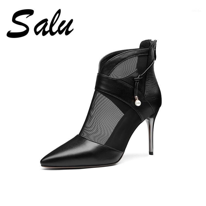

Salu Hot Sale Genuine Leather Boots New Summer Ankle Boots for Women Black High Heels Sexy Pointed Toe Shoes Woman1