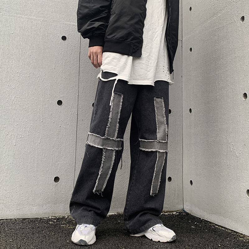 

2021 New High Street Harajuku Cross Frayed Washed Retro Jeans Pants Men and Women Elastic Waist Wide Len Casual Denim Trousers Oversize 7fsp, Black