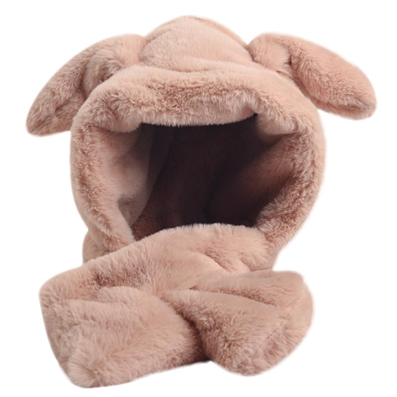 

Fluffy Plush Earflap Hat with Moving Ears Warm Beanie Cap Scarf, White