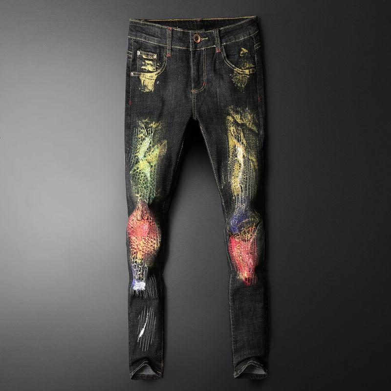 

2020 Graffiti Spray Painting Personalized Hole Denim Jeans Men Designer Jeans Pantalones Vaqueros Men Jean Calca Masculina, As shown in figure