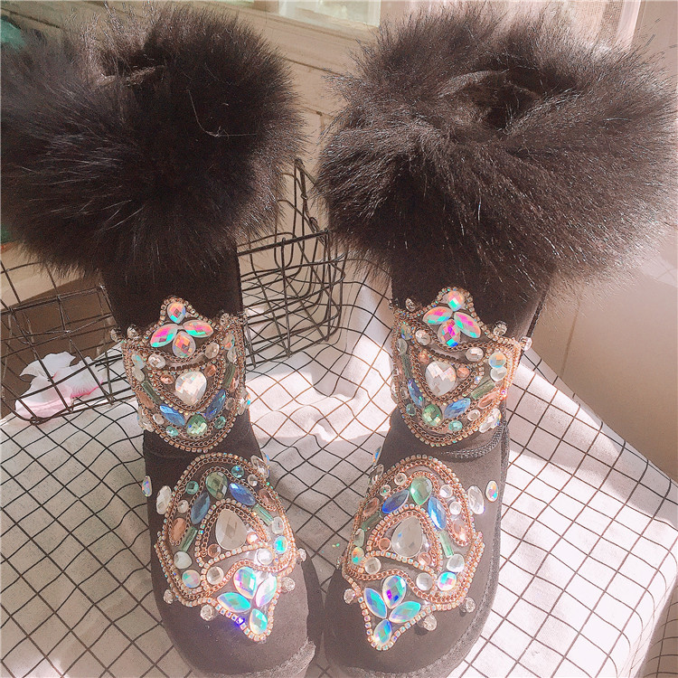 

2020 Fashion New Heavy Luxury Fox Hair Genuine Leather High-heeled Ski Boots Cotton Shoes M1vd, Black