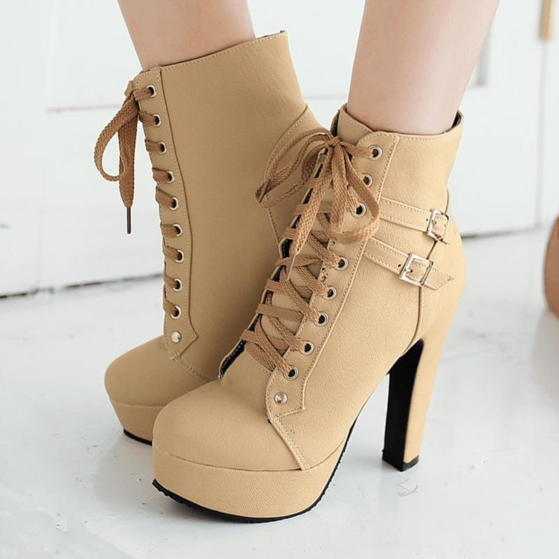 

AIWEIYi Ankle Boots for Woman Round toe Square High Heels Lace Up Platform Shoes Buckle Woman Short Boots Ladies Footwear Shoes, Black