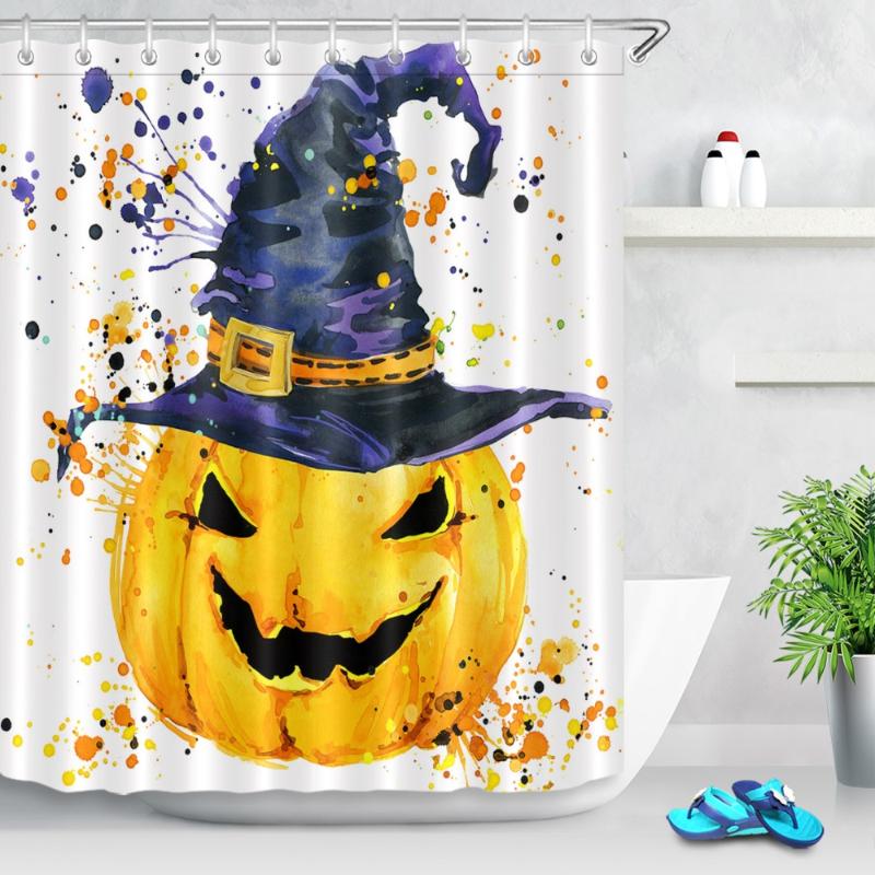 

LB Watercolor Halloween Yellow Cute Pumpkin Witch Hat Shower Curtain Funny Waterproof Bathroom Fabric For Kids Boy Bathtub Decor