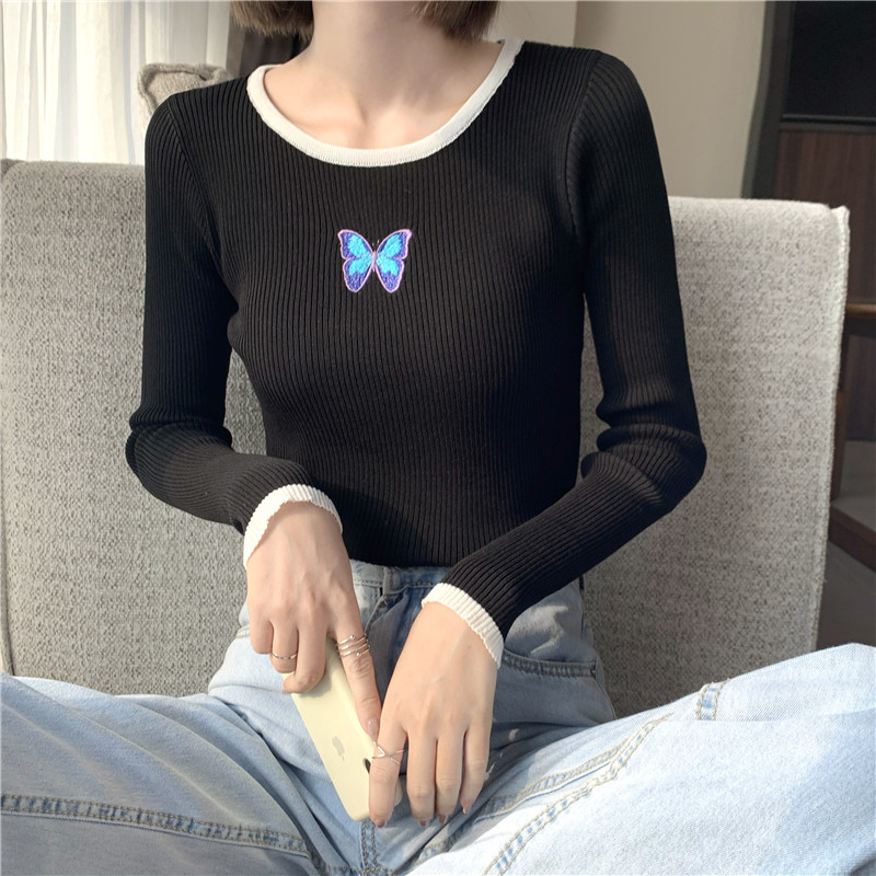 

2021 New Autumn Fina Women's Elegant Butterfly Trecho Embroidered Female Shirt Upper Occasional Part Magro Blusa De Malha G5LO, White