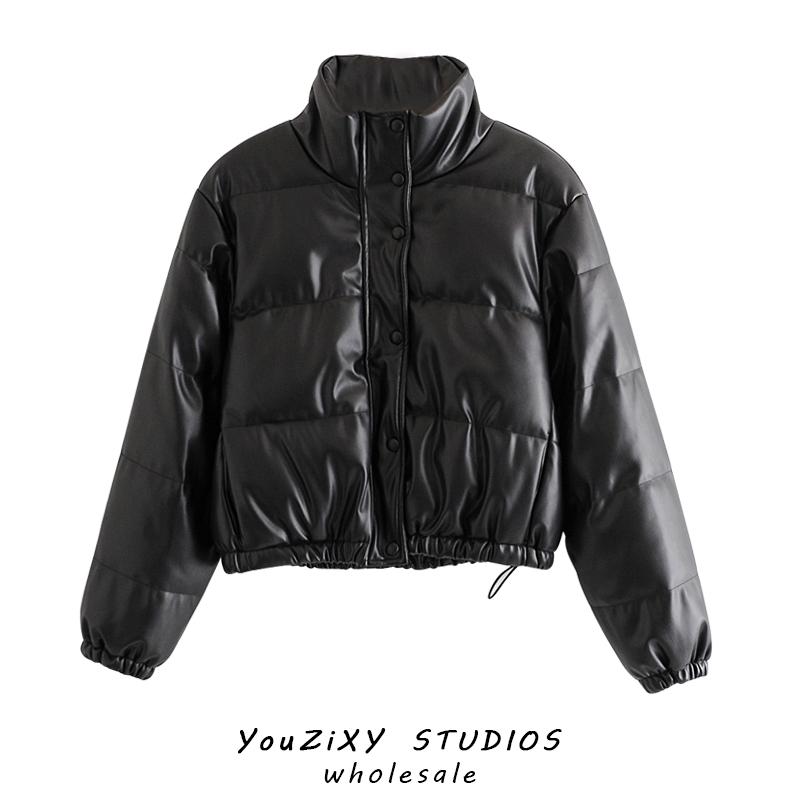 

Women's street style retro PU imitation leather padded stand collar padded jacket jacket casual temperament warm, Black