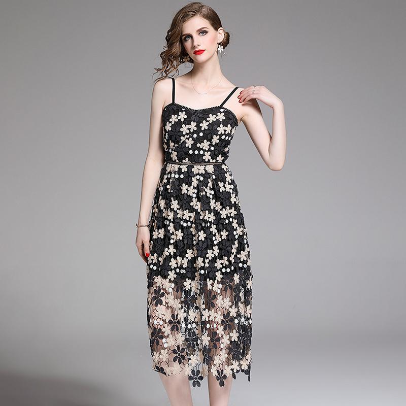 

Runway Floral Embroidery Summer Dress Women Spaghetti Strap Black Midi Dress Sexy Club Party Plus Size Knee-Length A674