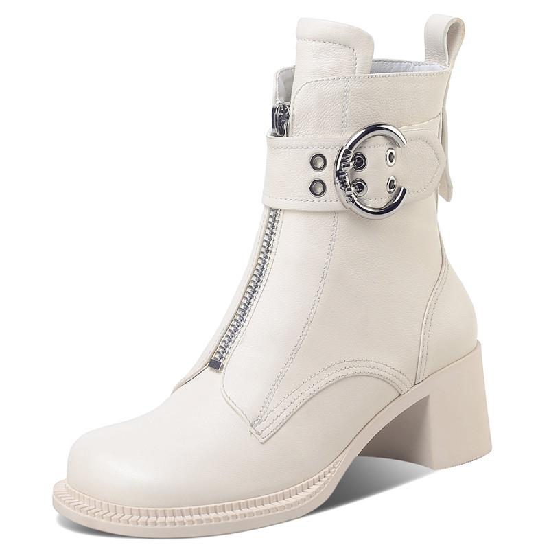 

Motorcycle Shoes Thick Bottom High Heels Square Toe Ankle Boots Zip Boots Designer Genuine Leather Lace up Buckle up Strap Women, Black