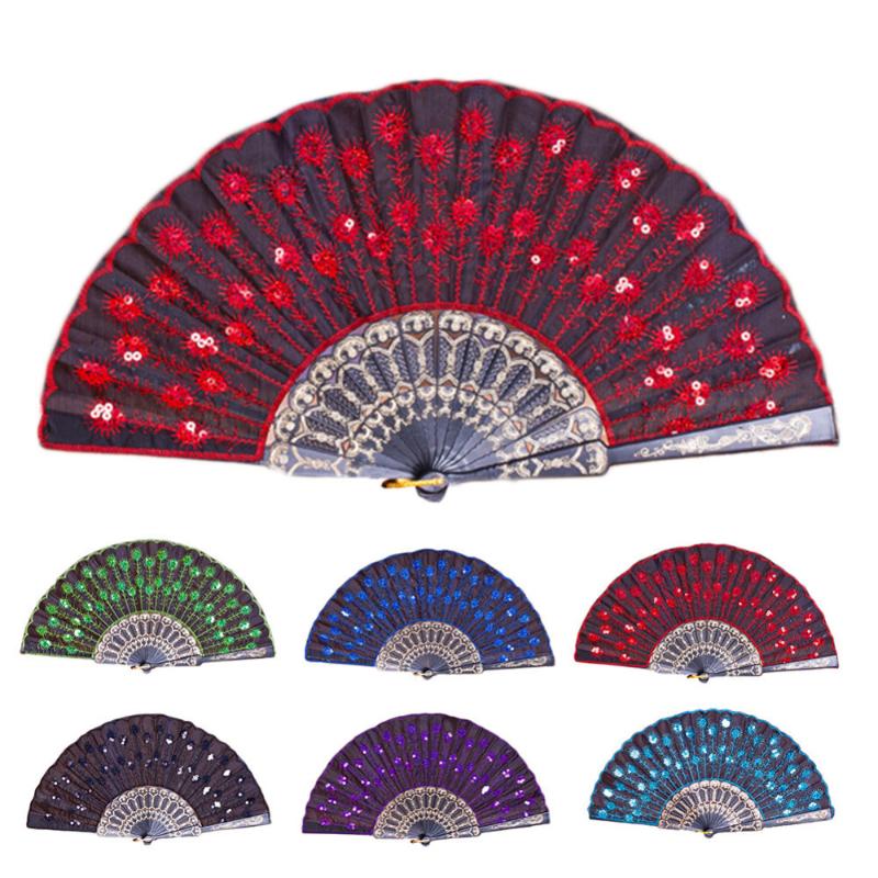 

Peacock Sequined Square Women Girl Dancing Fan Elegant Peacock Print Chinese Style Cloth Folding Hand Fans