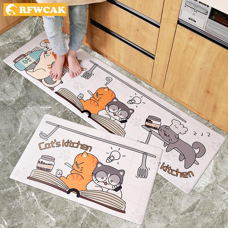 

RFWCAK Cat Printed Kitchen Floor Mat PVC Leather Waterproof Oilproof Carpets Hallway Doormat Tatami Rugs Kawaii Tapete Para Sala