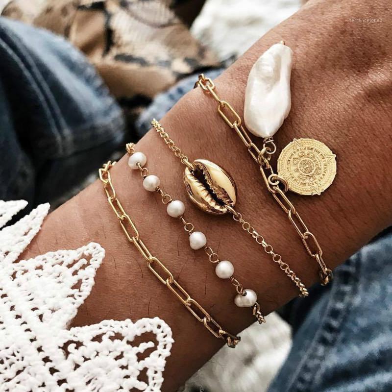 

Charm Bracelets 4 Pcs/Set Fashion Gold Color Imitation Pearls Alloy Shell For Women 2021 Jewelry Hand Chains Bracelet1