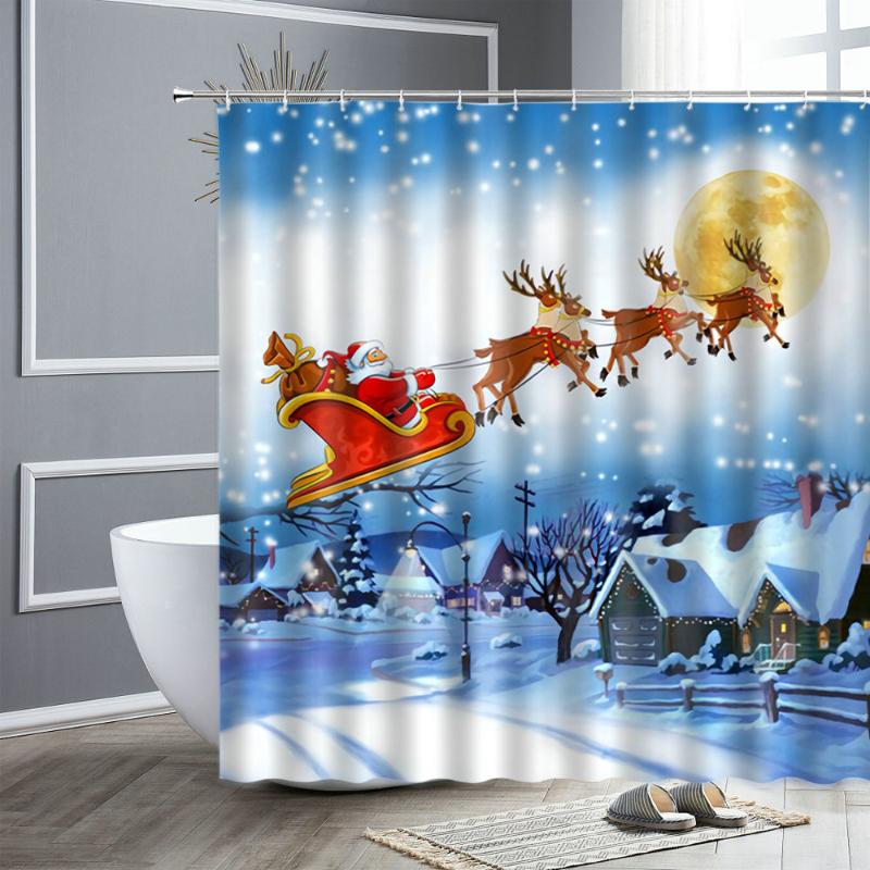 

Shower Curtains Christmas Curtain Printed Happy Year Santa Landscape Waterproof Bathroom Xmas Decor Bath Screen With Hooks