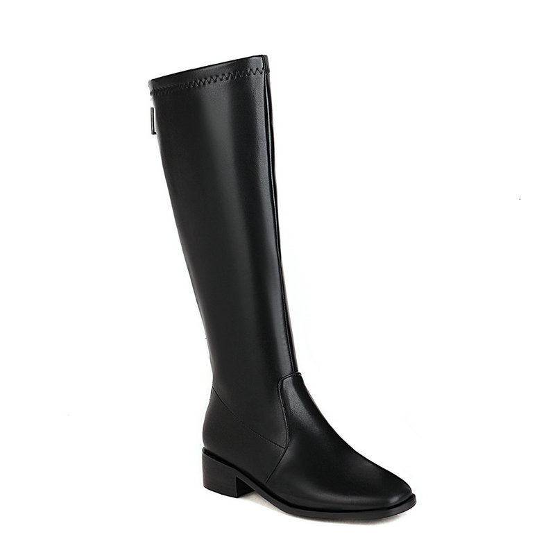 

New 2021 Knee High Pu Leather Round Toe Autumn Winter Long Boots Square Heel Concise Women Shoes Size 34-43 Y4pv, Beige