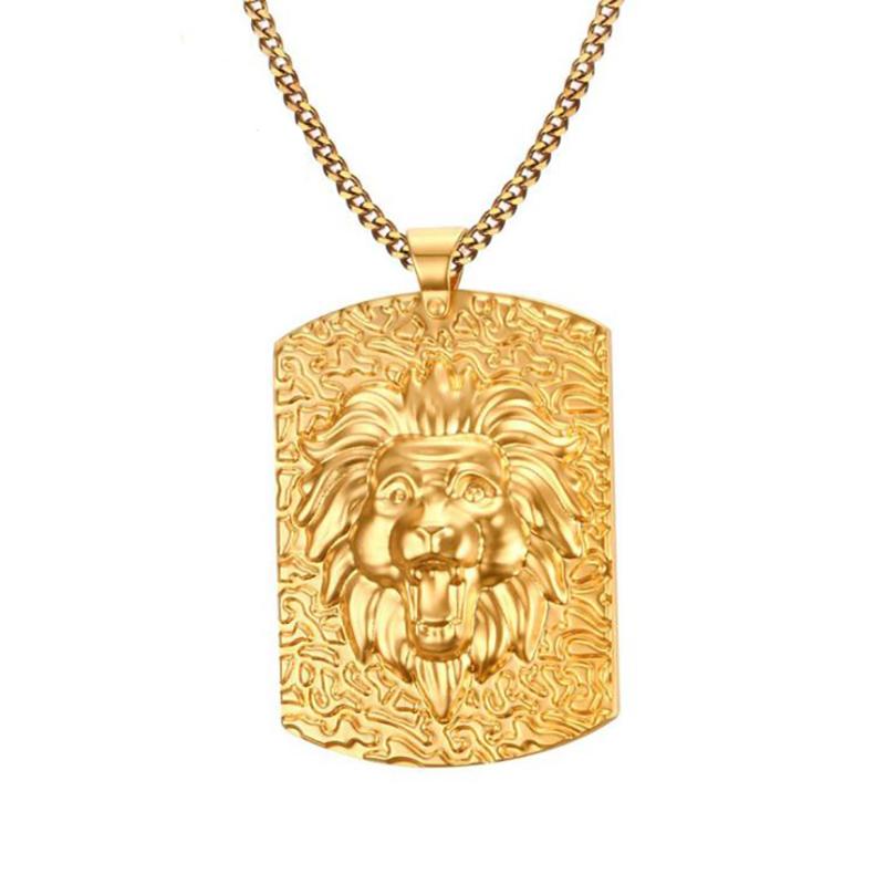 

Stainless Steel Hip Hop Gold Lion Dog Tag Pendant Necklace Animal Lion Jewelry Punk Rock Gift For Him
