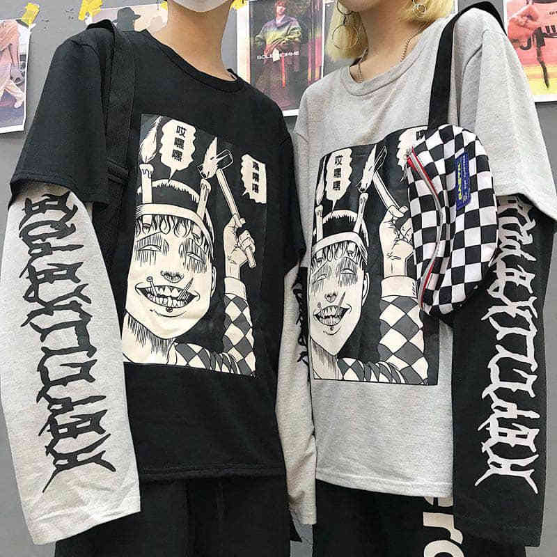 

2021 New Tshirt Women Oversized t Shirt Men Harajuku Anime Print Street Horror Comics Fake Two Pieces T-shirt Korean Goth Punk Clothes Bpmt, Grey