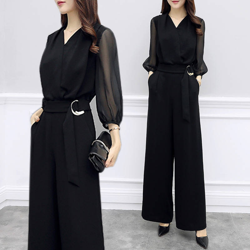 

Women 2020 Jumpsuit Romper Elegant Belt Band Long Sleeve v Neck Casual Wide Leg Monkey Pants Loose Ladies 6jvu, Black